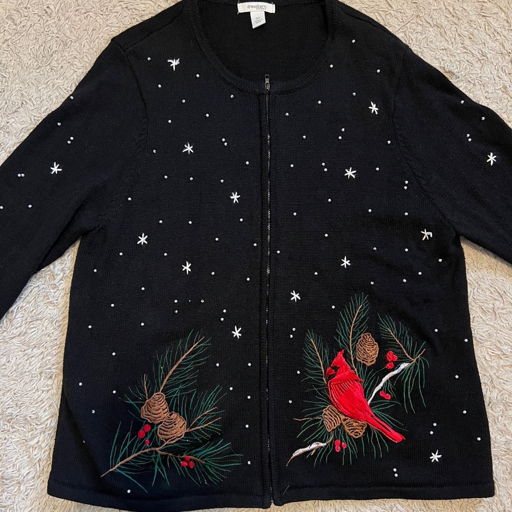 Dress Barn Black Cardigan with Cardinal and Pinecones Embroidered Size 2X